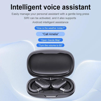 Open Fit Bluetooth Earphones With Case For Commuting shown in open charging case with earbuds and voice assistant examples