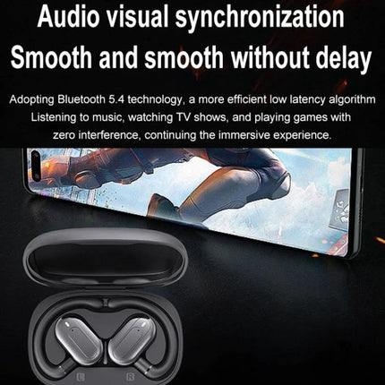 Open Fit Bluetooth Earphones With Case For Commuting shown with compact charging case and phone demonstrating low-latency audio sync