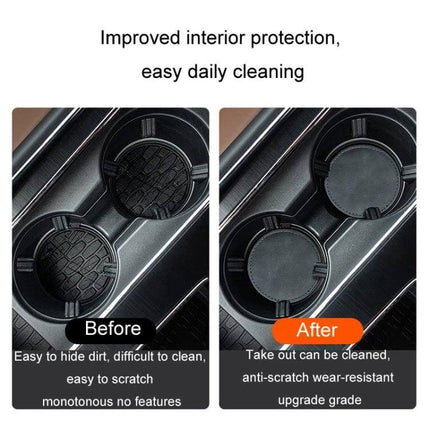 Car Suede Anti Slip Coasters Set for Interior Protection shown before-and-after cupholder protection, suede memory foam coasters preventing spills and easing cleaning