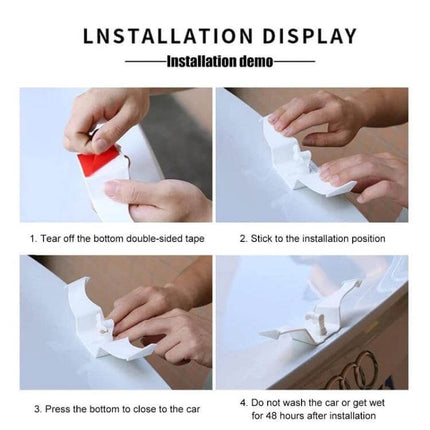 Adhesive Car Mini Rear Wing Decorative Sticker for Easy Application installation demo showing peel, stick and press steps on car trunk
