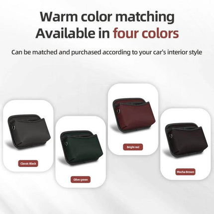 Adhesive Car Center Console Storage Bag Large Capacity in four colors (Classic Black, Olive Green, Bright Red, Mocha Brown) showing nappa leather and soft velvet interior