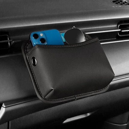 Adhesive Car Center Console Storage Bag Large Capacity - black nappa leather pocket holding phone and sunglasses organized in car console
