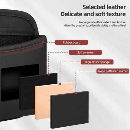 Adhesive Car Center Console Storage Bag Large Capacity showing nappa leather, soft velvet interior, sponge layers and rubber board construction