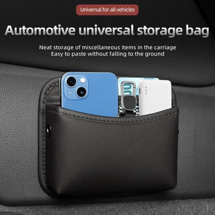Adhesive Car Center Console Storage Bag Large Capacity - nappa leather pocket holding phone, charger, keys and cards, soft velvet interior, 18×15×5.5 cm