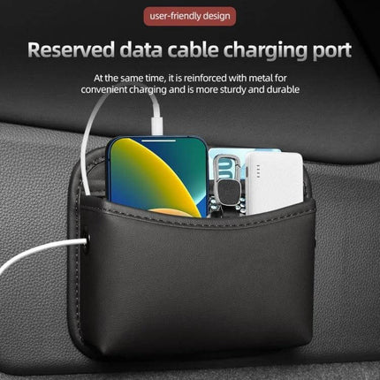 Adhesive Car Center Console Storage Bag Large Capacity holding phone, power bank, cables and cards in black nappa leather with cable charging port