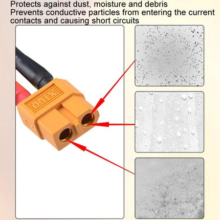 XT60 Lithium Battery Plug Protective Cover, 10-Pack Dustproof Design showing orange XT60 plug with covers protecting contacts from dust, moisture and debris