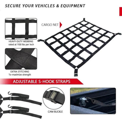Truck Bed Cargo Net 127x106cm For Everyday Pickup Use - durable polyester heavy-duty webbing cargo net with S-hook straps and cam buckles