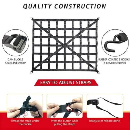 Truck Bed Cargo Net 127x106cm For Everyday Pickup Use - durable polyester grid net with cam buckles and rubber coated S hooks for securing gear