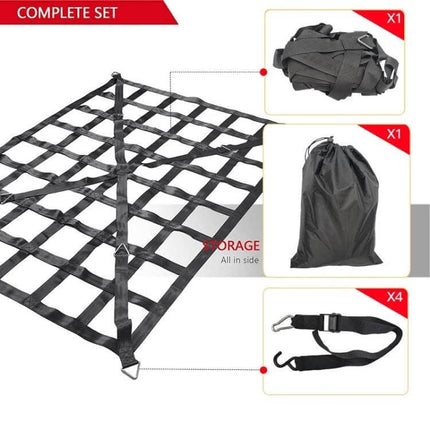 Truck Bed Cargo Net 127x106cm For Everyday Pickup Use - black polyester grid with straps, hooks and storage bag