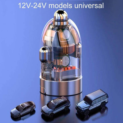 Vehicle Mini Invisible Dual-Port Car USB Charger Compact in zinc alloy with 12–24V input, dual USB and Type-C ports for simultaneous charging