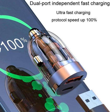 Vehicle Mini Invisible Dual-Port Car USB Charger Compact shown plugged into car dash with USB and Type-C ports, transparent zinc alloy design, fast dual charging