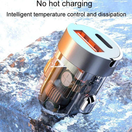 Vehicle Mini Invisible Dual-Port Car USB Charger Compact in zinc alloy showing dual USB and Type-C ports with transparent casing on icy background