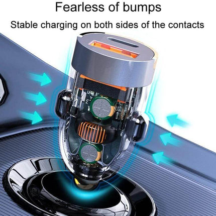 Vehicle Mini Invisible Dual-Port Car USB Charger Compact, transparent internal view showing dual ports and circuits for stable charging