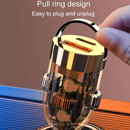 Vehicle Mini Invisible Dual-Port Car USB Charger Compact with pull ring design, dual USB and Type-C ports, zinc alloy compact car charger