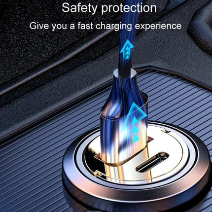 Vehicle Mini Invisible Dual-Port Car USB Charger Compact plugged into car socket showing Type-C cable and safety protection messaging