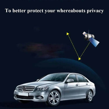Universal USB GPS Signal Blocker for Privacy Protection in Vehicles - discreet in-car GPS signal blocking shown with car and satellite