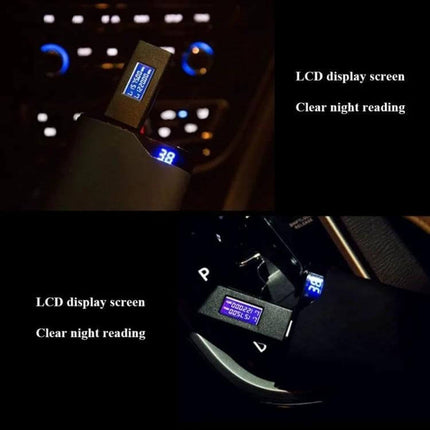 Universal USB GPS Signal Blocker for Privacy Protection in Vehicles plugged into car USB port with illuminated LCD display showing signal blocking status