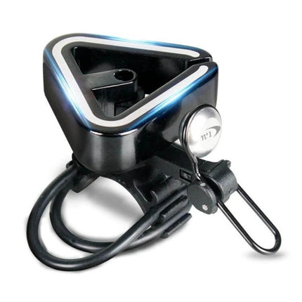 Copper Triangle Mountain Bike Bell For Clear Trail Alerts mounted on handlebar showing aluminum alloy body and compact triangle design