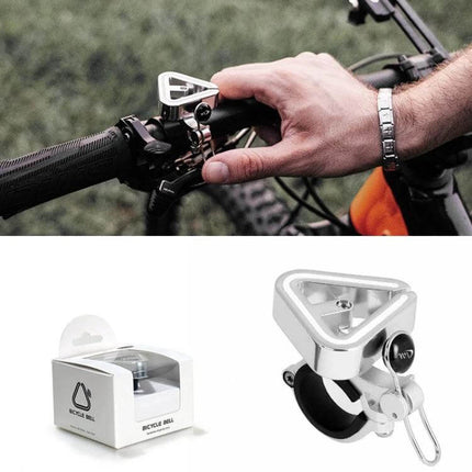 Copper Triangle Mountain Bike Bell For Clear Trail Alerts mounted on handlebars showing compact aluminum alloy triangle bell and packaging