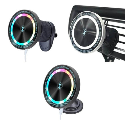 Magsafe Magnetic Wireless Phone Holder for Car Air Outlet Dark Gray showing aluminum ring mount on vent and desk with charging cable