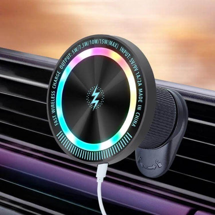 Magsafe Magnetic Wireless Phone Holder for Car Air Outlet Dark Gray compact 58mm aluminum alloy mount with RGB charging ring attached to vent