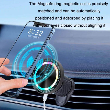 Magsafe Magnetic Wireless Phone Holder for Car Air Outlet Dark Gray showing phone aligning to 58mm aluminum ring for secure wireless charging on car vent