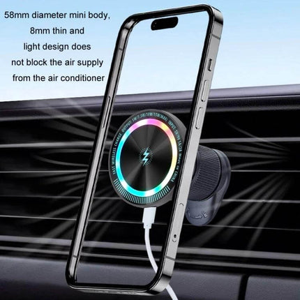 Magsafe Magnetic Wireless Phone Holder for Car Air Outlet Dark Gray mounted on car vent holding phone with 58mm ring and slim 8mm profile