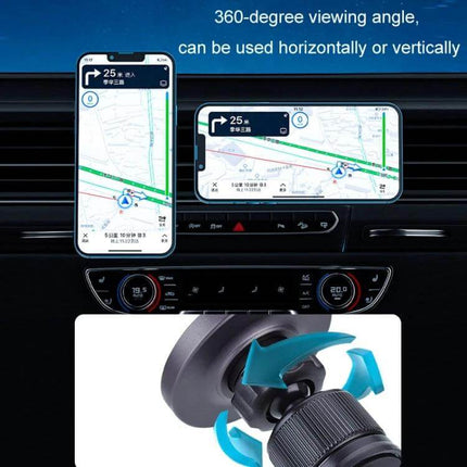Magsafe Magnetic Wireless Phone Holder for Car Air Outlet Dark Gray showing phones mounted horizontally and vertically with 360-degree swivel