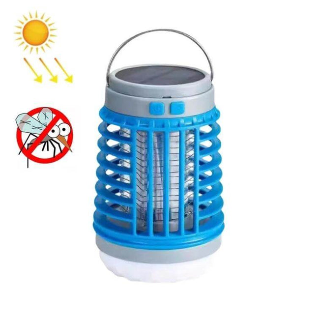 E SMARTER Outdoor Solar Mosquito Light Trap For Yard And Patio - blue solar-powered UV mosquito zapper with white ambient light, portable handle, no chemicals