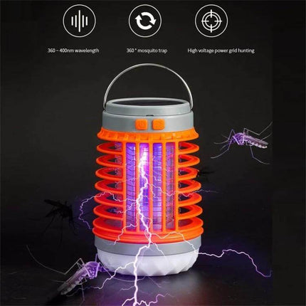 Alt Tag: E SMARTER Outdoor Solar Mosquito Light Trap For Yard And Patio showing solar-powered violet UV lure white ambient light and 360° high-voltage grid