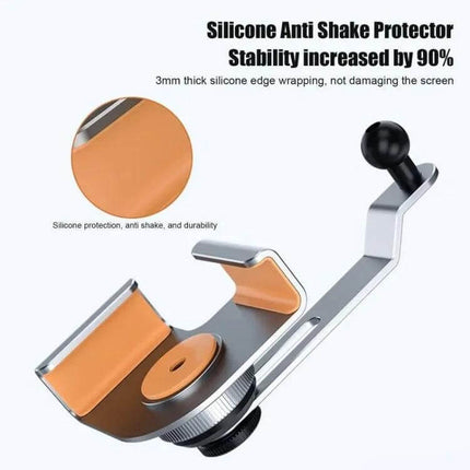 Car Screen Phone Holder Base Aluminum Alloy For Hands Free Use - silver aluminum mount with orange silicone padding, anti-shake protector and foldable base