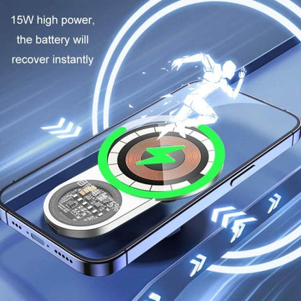 Car Wireless Charging Phone Holder For Tesla And Other Models showing 15W magnetic wireless charging on phone with charging coil and graphics