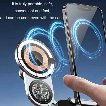 Car Wireless Charging Phone Holder For Tesla And Other Models - magnetic 15W alloy phone mount shown charging a smartphone in car, usable with cases