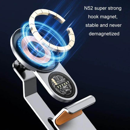 Car Wireless Charging Phone Holder For Tesla And Other Models showing N52 magnet and 15W coil in alloy mount, secure magnetic hold for driving