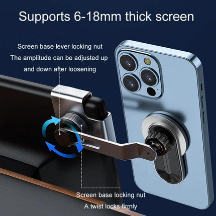 Car Wireless Charging Phone Holder For Tesla And Other Models showing magnetic 15W mount attached to phone and adjustable screen base lever locking nut