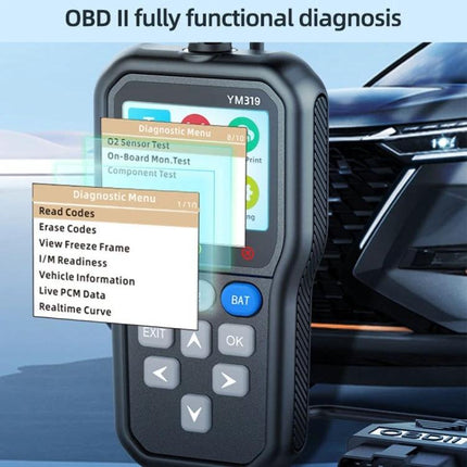 Essential Tool for Monitoring Car Battery in Daily Drives - compact OBD2 scanner showing diagnostic menu, battery voltage check and code read/erase functions