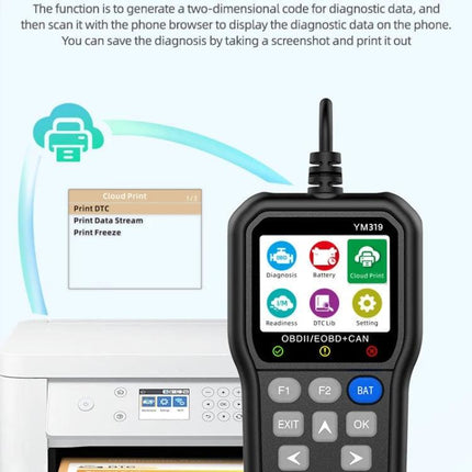 Essential Tool for Monitoring Car Battery in Daily Drives OBD2 scanner showing battery check and cloud print feature