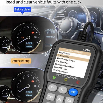 Essential Tool for Monitoring Car Battery in Daily Drives OBD2 scanner checking voltage, clearing fault codes on 2.4-inch color display