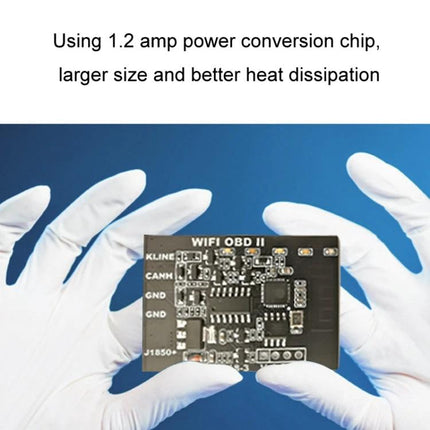Versatile Tool for Everyday Car Maintenance Checks WiFi OBD2 scanner circuit board shown with gloved hands