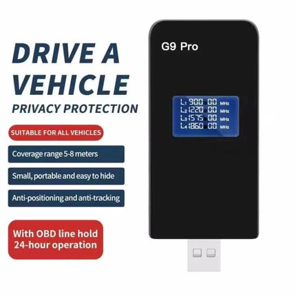 USB Car GPS Signal Blocker for Privacy in Vehicles plugged into car USB showing G9 Pro display and privacy protection features