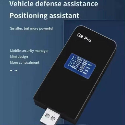 USB Car GPS Signal Blocker for Privacy in Vehicles - compact G9 Pro USB device with LCD screen showing frequency readings, black mini design for car privacy