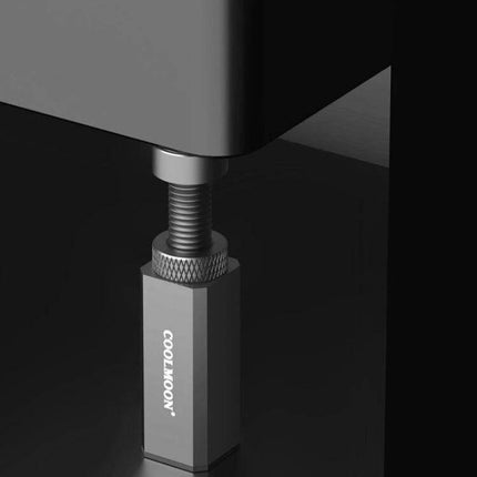 Coolmoon Graphics Card Vertical Support Stand with Adjustable Height - close-up of adjustable threaded support foot under PC case showing COOLMOON branding