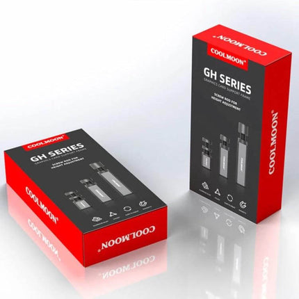 Coolmoon Graphics Card Vertical Support Stand with Adjustable Height in red retail packaging showing two GH Series boxes