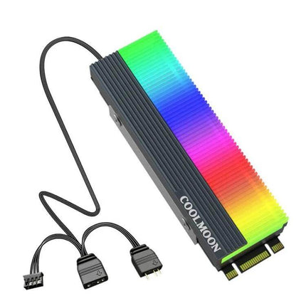 COOLMOON Cooler for M.2 2280 SSDs with ARGB Lighting installed on an M.2 2280 SSD showing RGB spectrum and connector cables