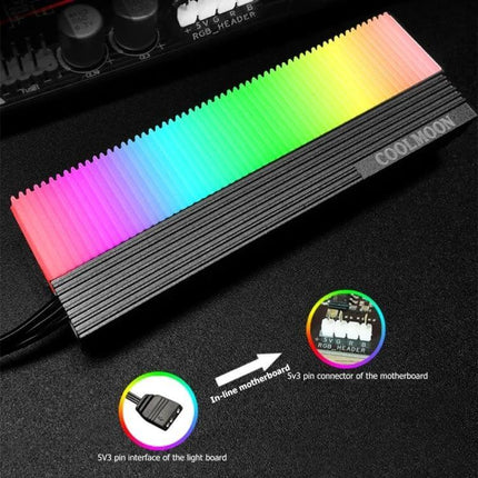 COOLMOON Cooler for M.2 2280 SSDs with ARGB Lighting installed on motherboard showing rainbow ARGB illumination and heat-dissipating fins
