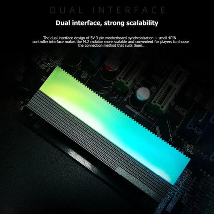 COOLMOON Cooler for M.2 2280 SSDs with ARGB Lighting installed on motherboard showing RGB glow and heatsink