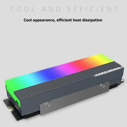 COOLMOON Cooler for M.2 2280 SSDs with ARGB Lighting showcasing rainbow ARGB heatsink and efficient heat dissipation