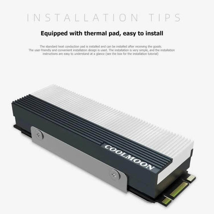 COOLMOON Cooler for M.2 2280 SSDs with ARGB Lighting mounted on M.2 SSD with thermal pad, easy-install heatsink and ARGB accent