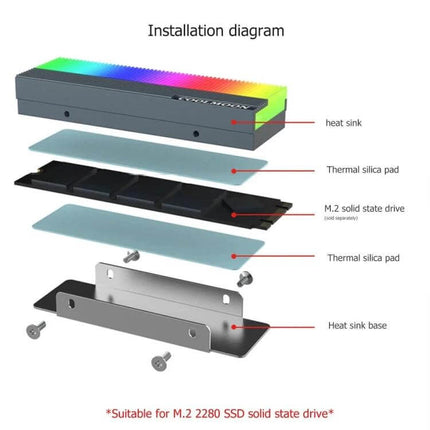 COOLMOON Cooler for M.2 2280 SSDs with ARGB Lighting installation diagram showing heat sink, thermal silica pads, M.2 2280 SSD, screws and heat sink base