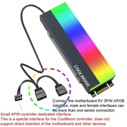 COOLMOON Cooler for M.2 2280 SSDs with ARGB Lighting showing rainbow ARGB strip, heatsink fins, and 5V 3-pin/4-pin connector cables